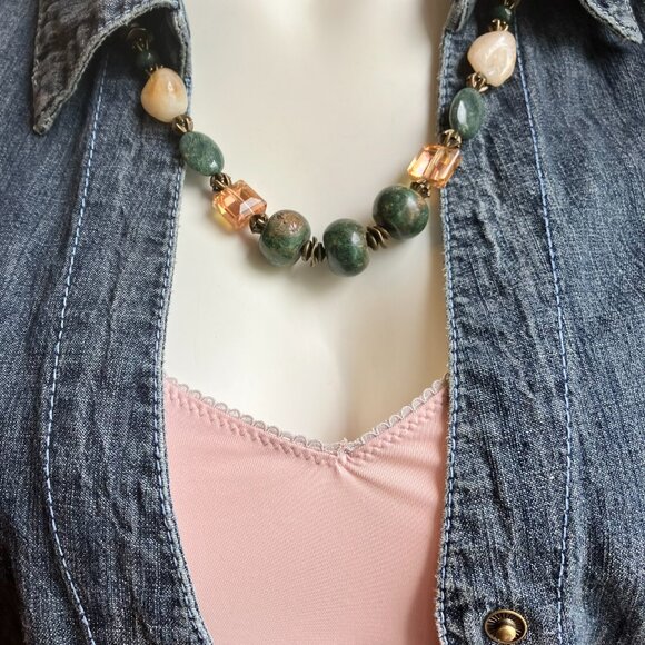 Gemstone Necklace Bohemian Necklace Agate Stone Wood Crystal Necklace Handmade - Picture 5 of 11